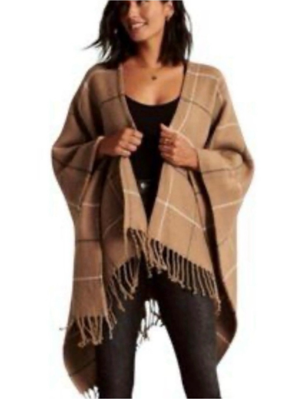 Abercrombie and Fitch Brown Plaid Fringe Poncho Sweater - Women